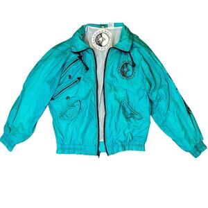 Vintage 90s Apparatus Windbreaker Jacket Turquoise Teal Nylon Graphic Size XL